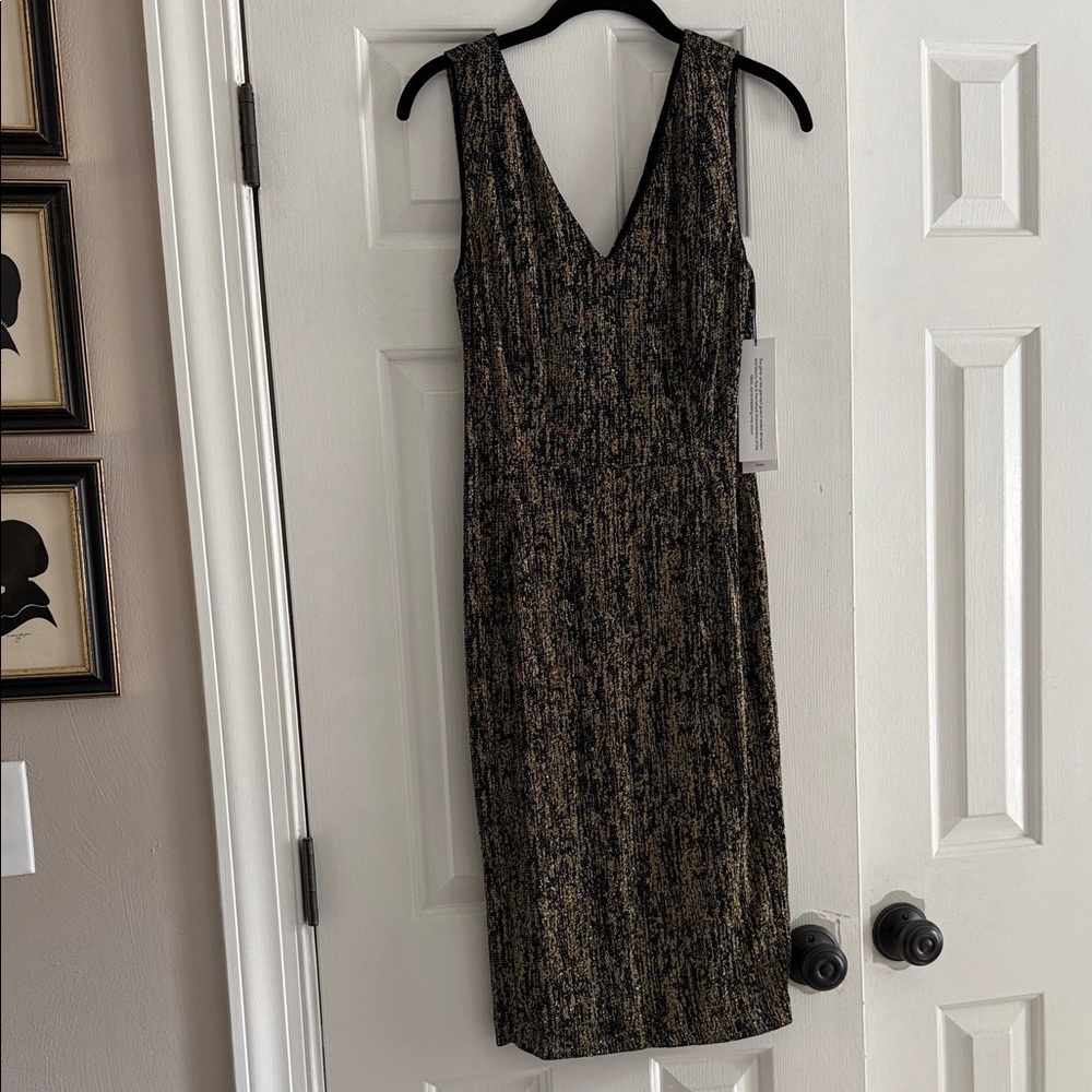 Calvin Klein Collection Elegant Black and Gold Midi Dress